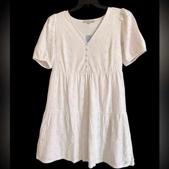 LOFT White Eyelet Cotton Puff Sleeve Tiered Lined Swing Mini Dress Sz MP NWT - Picture 2 of 13